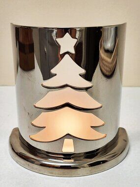 Vtg Candle Holder Votive Light Polished Silver Metal Decor Unique Holiday Tree
